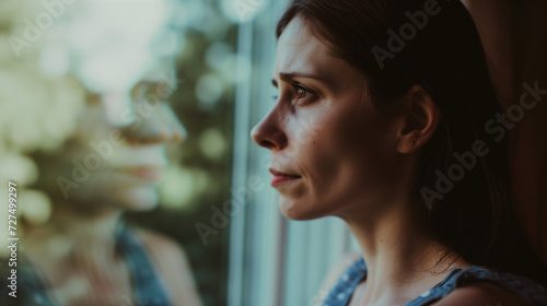 Side profile of a female looking out the window and looking sad, depressed and reflective. AI generated © Sophie 