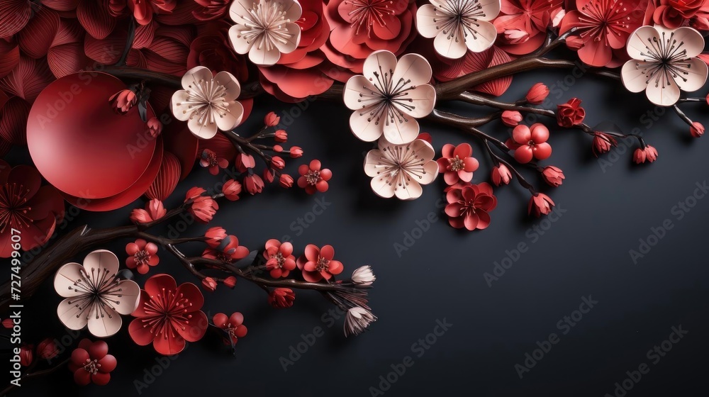 top view of chinese new year background with flower oranament and red background top view of chinese new year background with flower oranament and red background