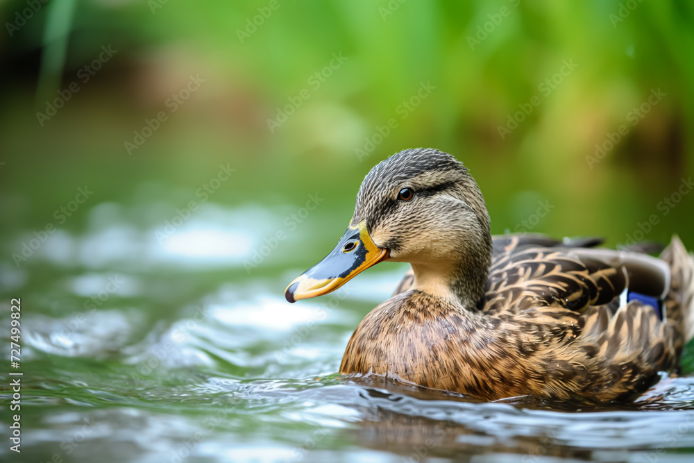 Fototapeta premium Close-up of a female mallard duck on water with green leaves in the background. Her feathers are brown with intricate patterns, and her beak is yellow with a black tip.
