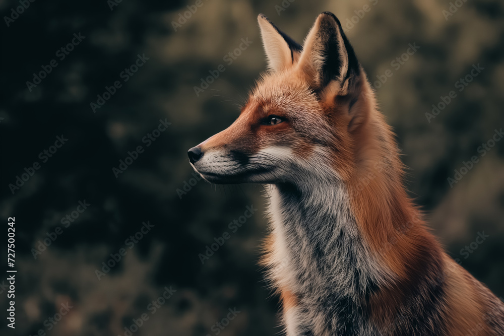 Fototapeta premium A solemn red fox in profile with a dark blurred background.