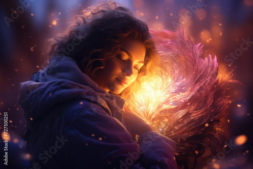 A person hugging themselves  surrounded by a glow  symbolizing self-love and acceptance. Concept of self-compassion. Generative Ai.