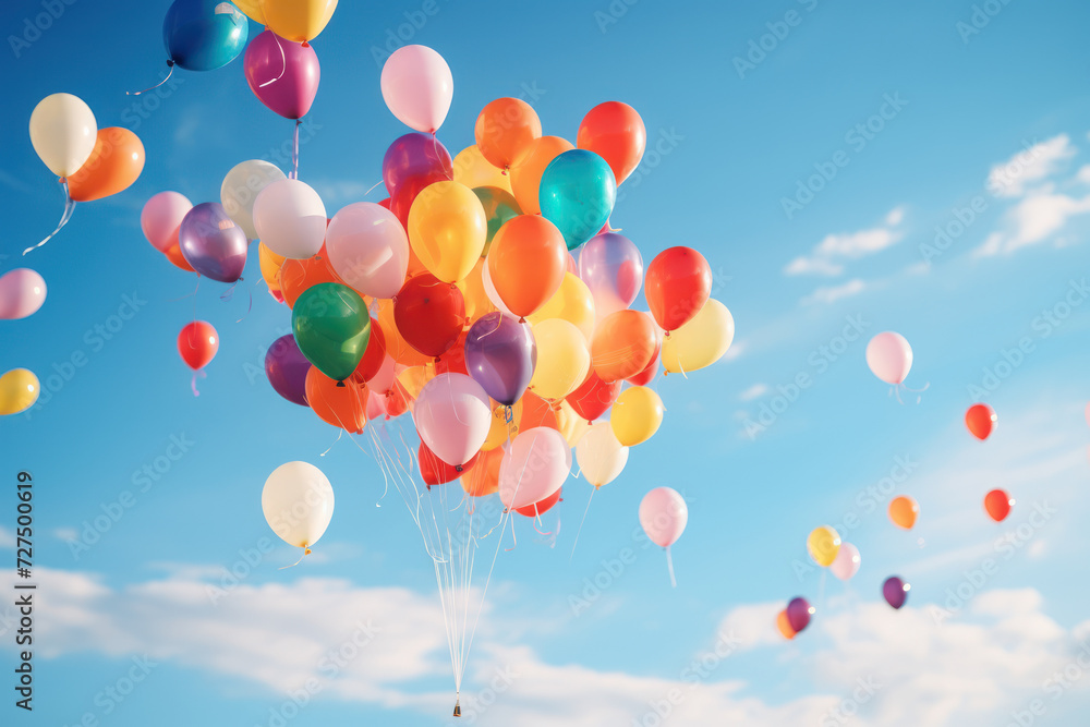 A series of colorful balloons drifting away into the sky, representing the release of burdens and lightness of being. Concept of emotional release. Generative Ai.