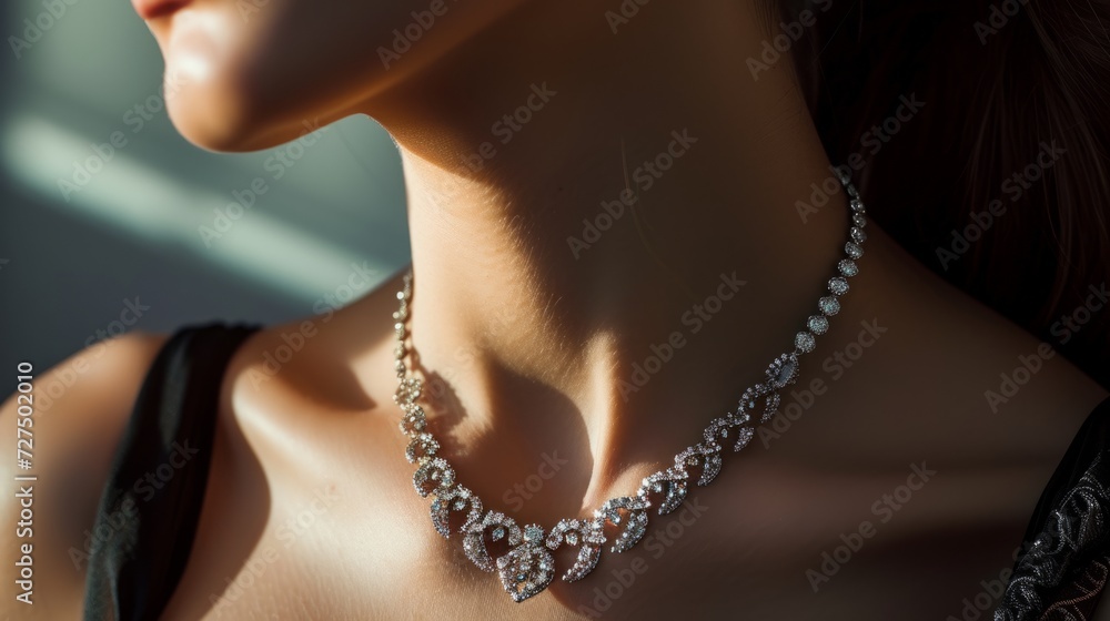 closeup of beautiful female woman slim neck wearing expensive luxury diamond necklace. wallpaper background
