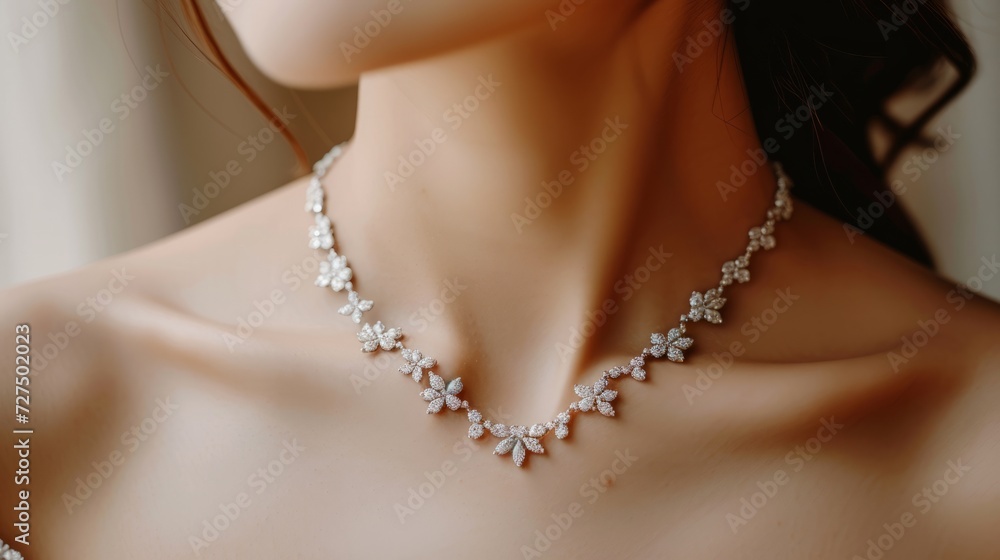 closeup of beautiful female woman slim neck wearing expensive luxury diamond necklace. wallpaper background