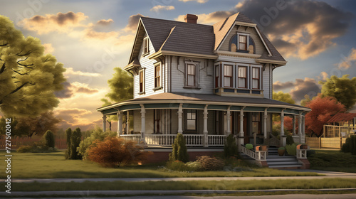 Two-story Historic home with wrap-around porch in a quiet neighborhood with a yard and landscape
