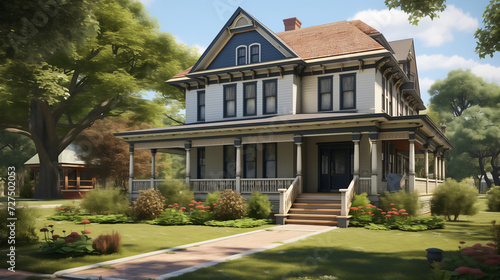 Two-story Historic home with front porch in a quiet neighborhood with a yard and landscape