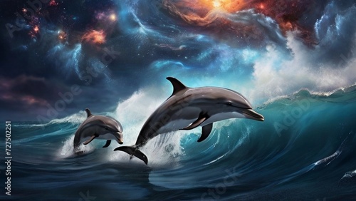 Dolphins breaking waves