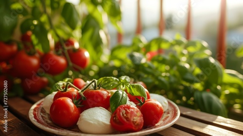 Salad caprese on the balcony with basil plants. Generative AI