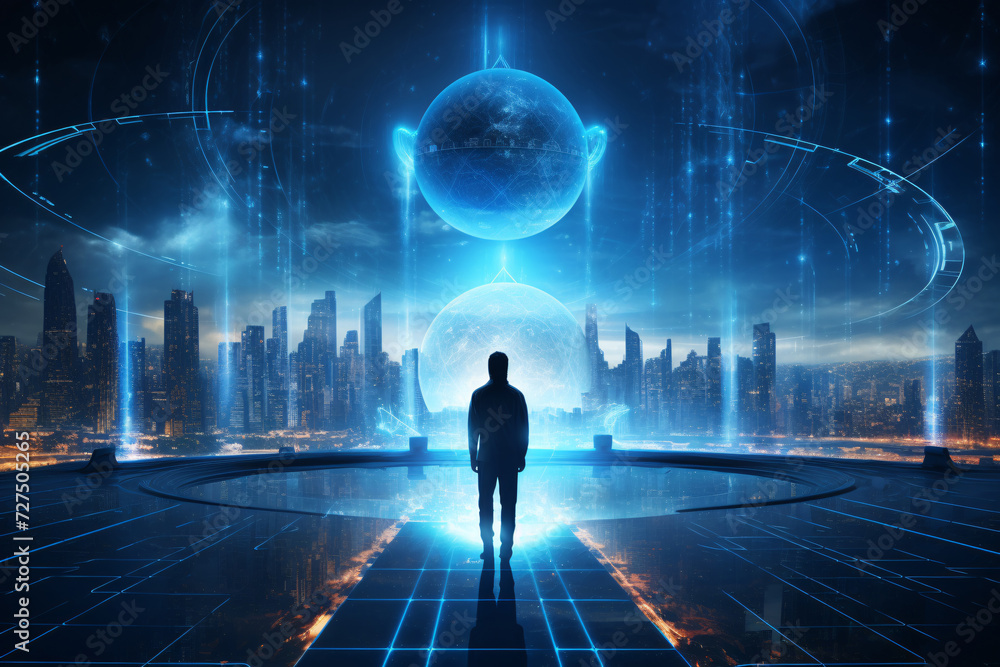 Abstract Technology Background with Hologram and Neon Lights