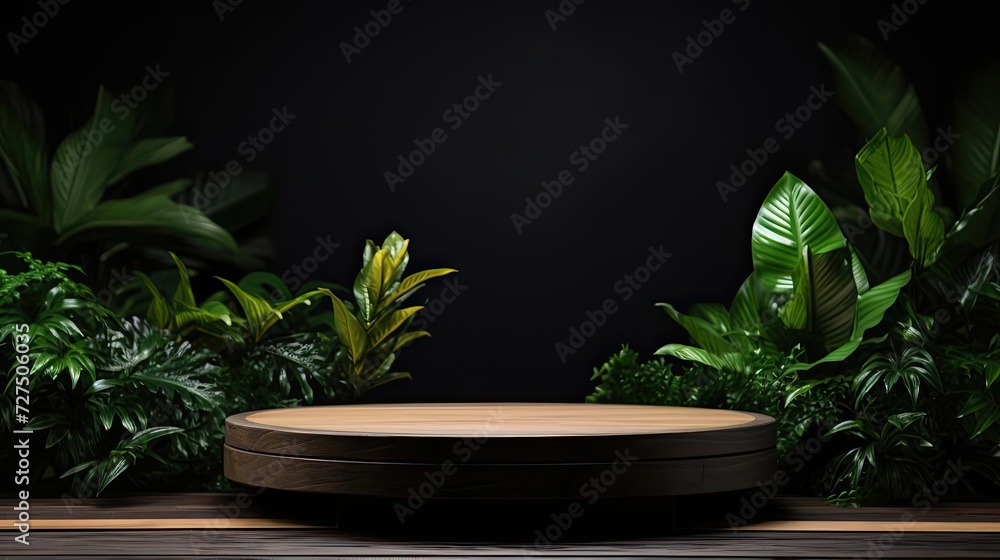 podium for product stand or display with plant background and cinematic light, front view podium for product stand or display with plant background and cinematic light, front view