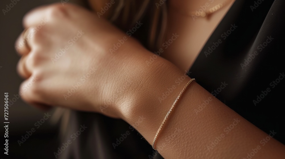 closeup of beautiful female woman slim hand wearing a expensive luxury bracelet on her wrist. wallpaper background