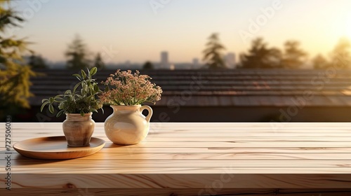 Wood podium product stand or display with cinematic light and blur background