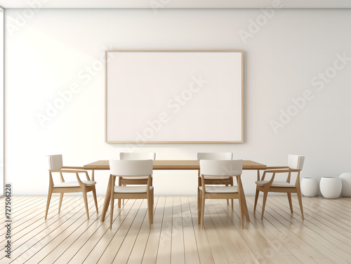 empty room with table and chairs  Modern meeting room   empty space office background mockup   modern living room    wicker chair  floor vases  blank mockup poster frame   bright white wall  