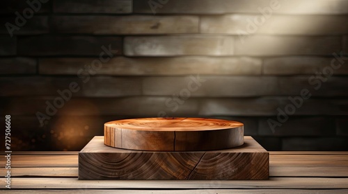 3d wood podium product stand or display with cinematic light and cinematic background, front view