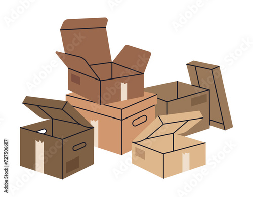 Stacked cargo boxes. Hand drawn cardboard boxes, carton box pile, warehouse box stack flat vector illustration. Delivery or storage concept