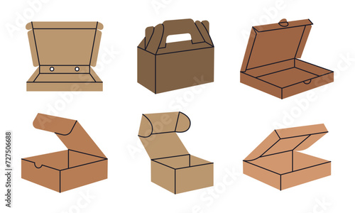 Takeaway food boxes. Cardboard pizza box, fast food or sweets delivery containers flat vector illustration set. Carton food boxes on white