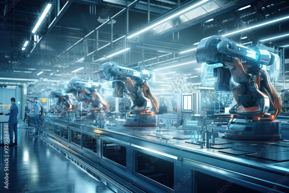 Artificial intelligence and automation in a futuristic factory.