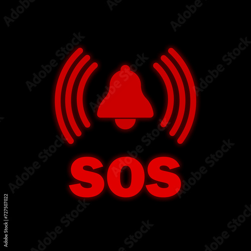 SOS abbreviation and ringing bell icon on black background