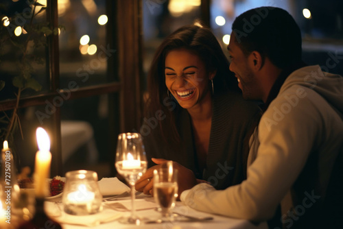 Couple in a cozy restaurant  candlelit table.
