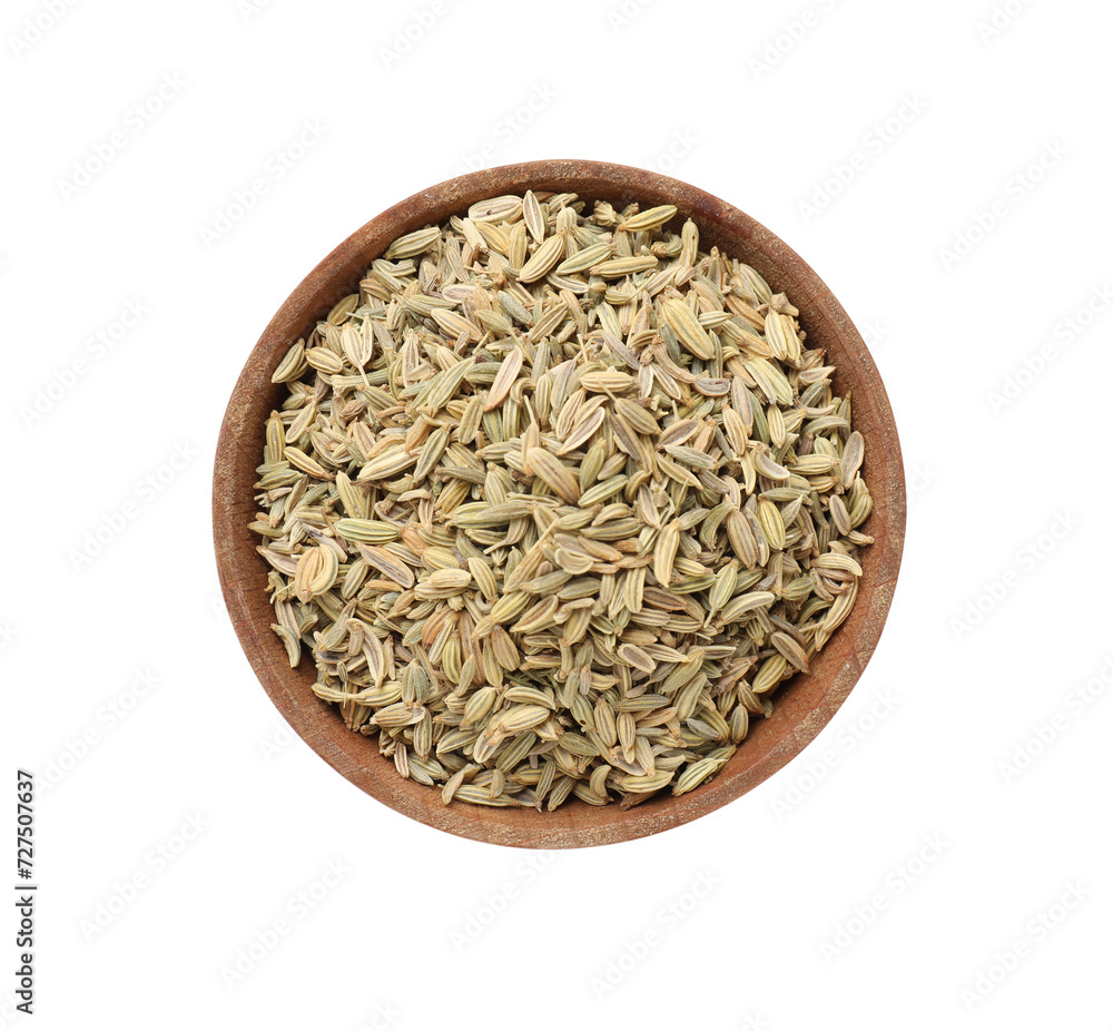 Dry fennel seeds in bowl isolated on white, top view