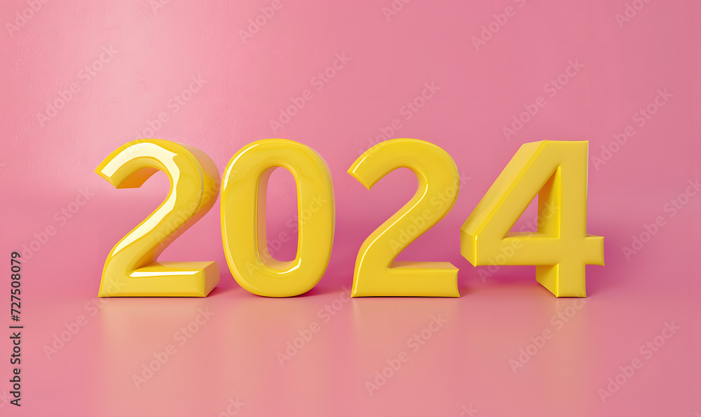 Yellow 3d rendering 2024 text on pink background, Generative AI Yellow 3d rendering 2024 text on pink background, Generative AI