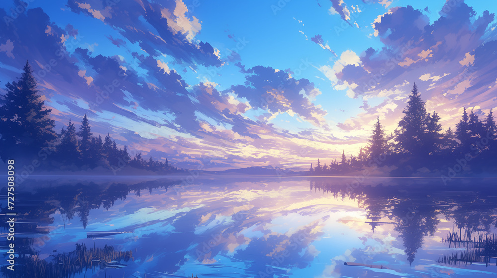 Serene Lake Reflection at Dawn Watercolor