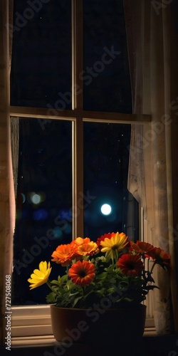 flower in window at night