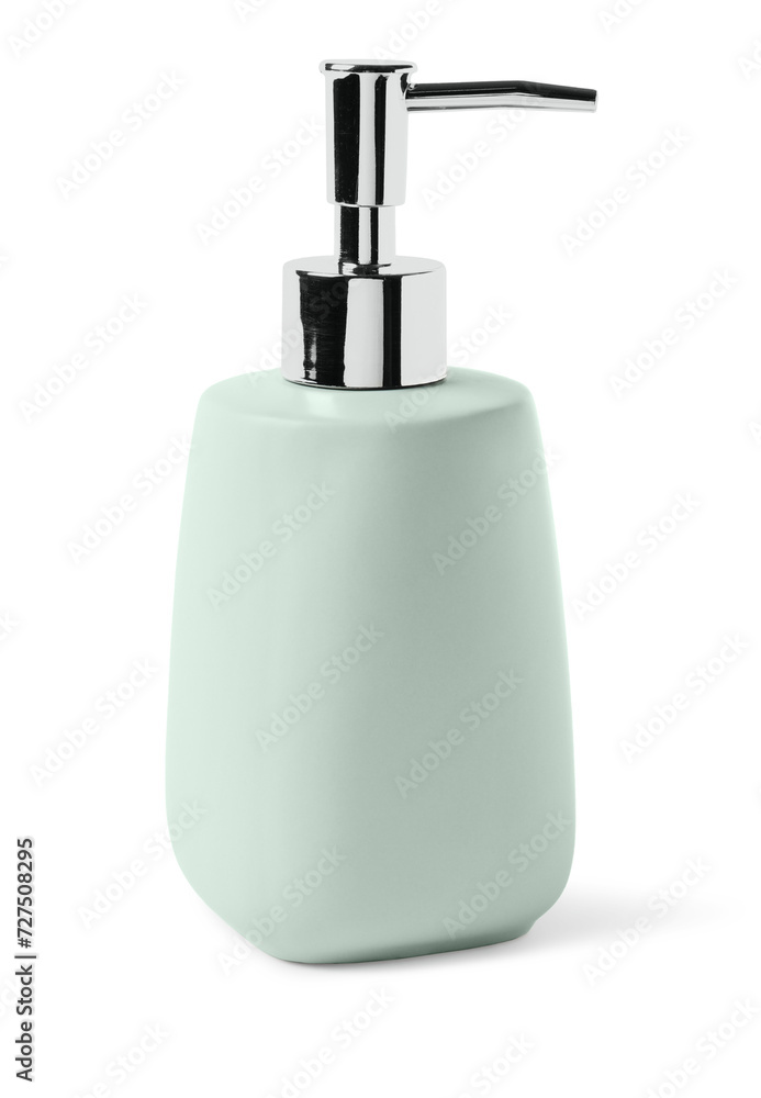 Bath accessory. Light green liquid soap dispenser isolated on white Bath accessory. Light green liquid soap dispenser isolated on white