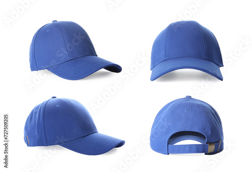 Photography Stylish blue baseball cap isolated on white, set