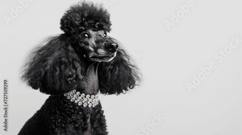 Happy Black Poodle Wearing Pearls on White Background - Classy Canine Photo