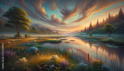 Serene sunset landscape with calm lake and vibrant flora