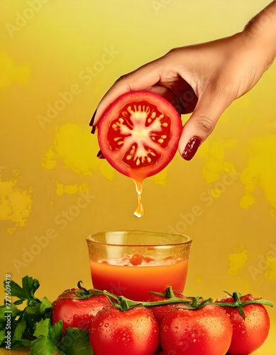 Fresh useful veggies. Female hand squeeze tomato and drops of tomato juice flying up over background photo