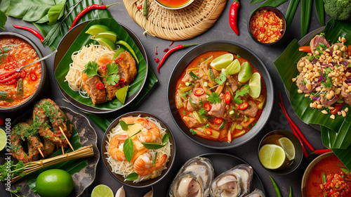 A feast of Thai cuisine spread on a wooden board: vibrant curries