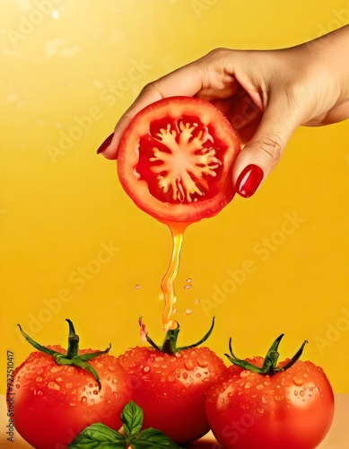 Fresh useful veggies. Female hand squeeze tomato and drops of tomato juice flying up over background photo