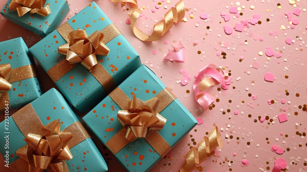 A set of aqua gift boxes with gold ribbon on a pink background with confetti. A set of aqua gift boxes with gold ribbon on a pink background with confetti.