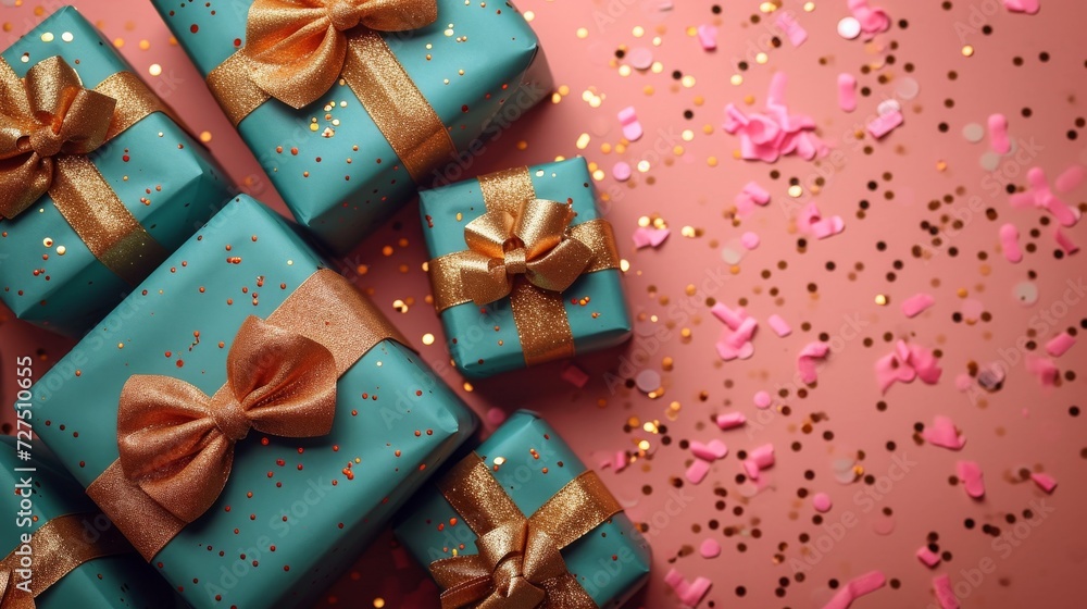 A set of aqua gift boxes with gold ribbon on a pink background with confetti. A set of aqua gift boxes with gold ribbon on a pink background with confetti.