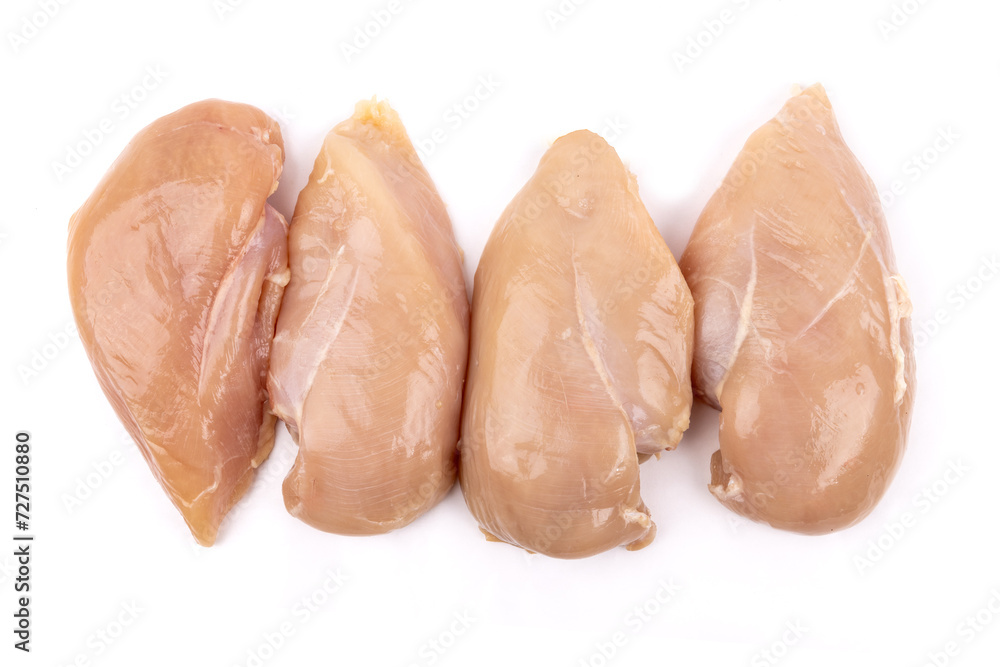 Top down view of 4 skinless and boneless chicken breast isolated on white Top down view of 4 skinless and boneless chicken breast isolated on white