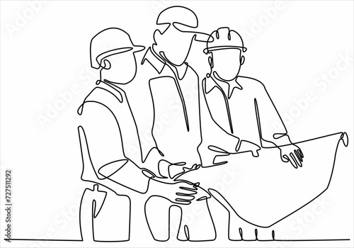 A continuous line drawing of the young foreman manager controlling the construction of the building. Building an architectural business concept. Single line drawing vector graphic design illustration