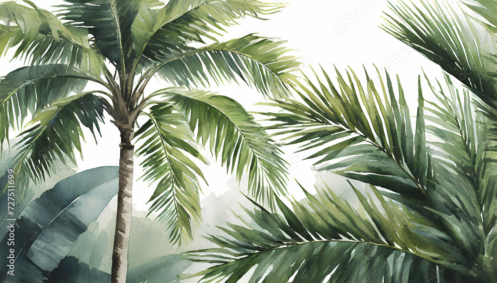 Abstract Palm trees leaves realistic on transparent backgrounds, watercolor botanical illustration on digital art concept, Generative AI.