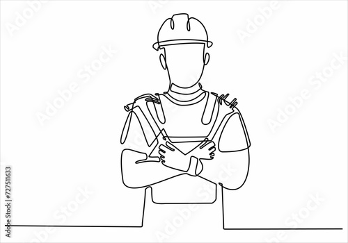 A continuous line drawing of the young foreman manager controlling the construction of the building. Building an architectural business concept. Single line drawing vector graphic design illustration