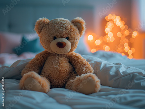 A teddy bear, vey cute and cuddly, on a bed. Evening lighting