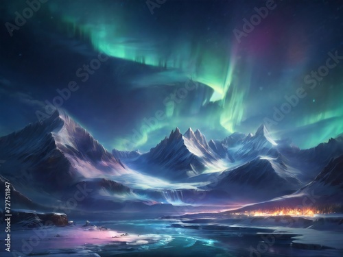 View of aurora borealis, night and snow mountains. design for background, web, social media. ai generative design © Firly