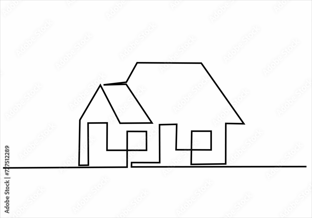 The house is drawn by a single black line on a white background. Continuous line drawing. Vector illustration