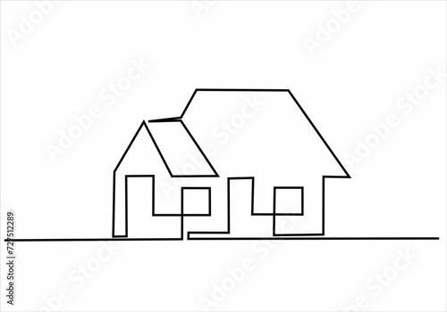 The house is drawn by a single black line on a white background. Continuous line drawing. Vector illustration