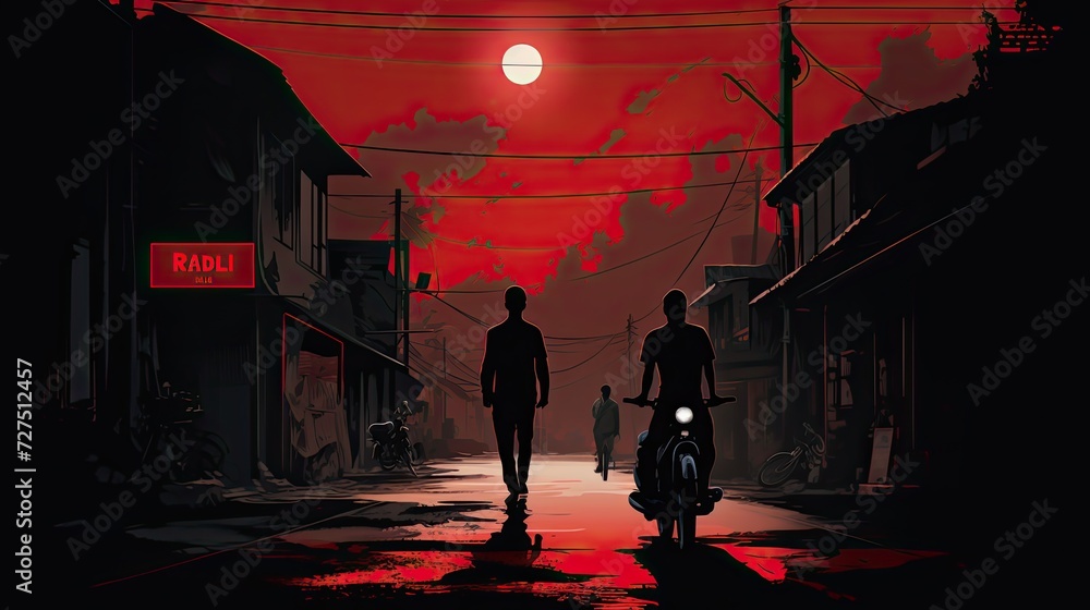 people walk on a street with a bike in the style people walk on a street with a bike in the style