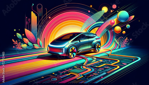 Vibrant Pop Futurism: Plug-in hybrid car in a whimsical, sustainable future