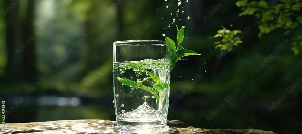fresh clear mineral water in a glass with forest background 74 fresh clear mineral water in a glass with forest background 74