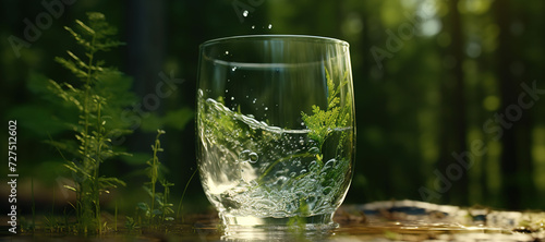 fresh clear mineral water in a glass with forest background 75