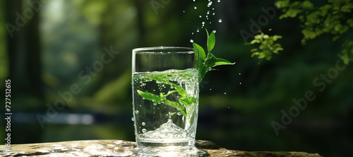 fresh clear mineral water in a glass with forest background 74