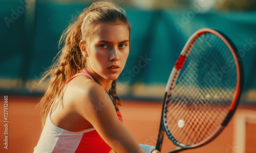 Young woman playing tennis at the tennis court, Generative AI © simba kim